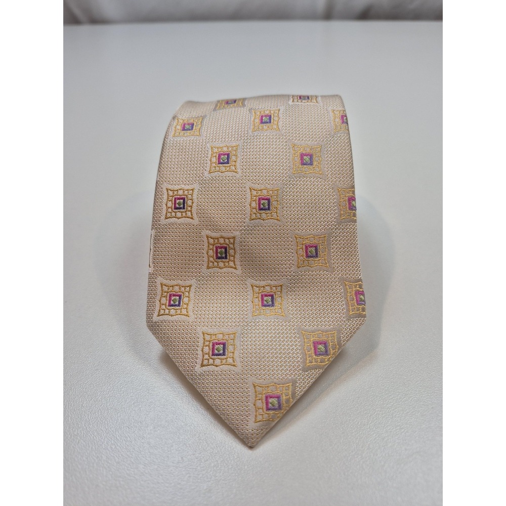 Bruno Marchesi Tie Mens One Size Beige 100% Silk Jacquard Geometric Handmade